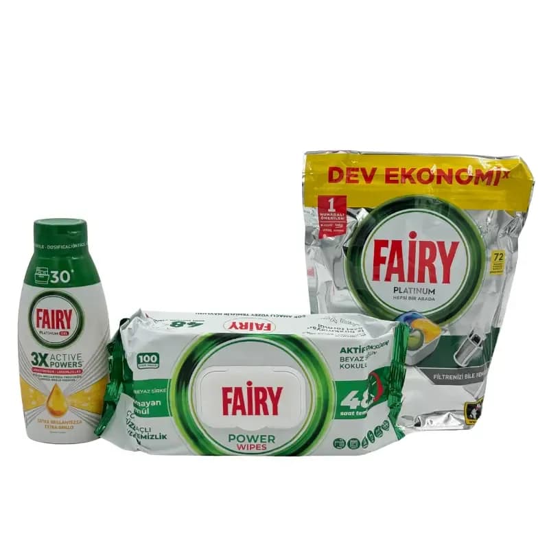 پک فیری فمیلی شامل ژل ماشین ظرفشویی 600 میلی‌لیتر + قرص ماشین ظرفشویی 72 عددی + دستمال مرطوب چند منظوره فیری | گنجه مارکت