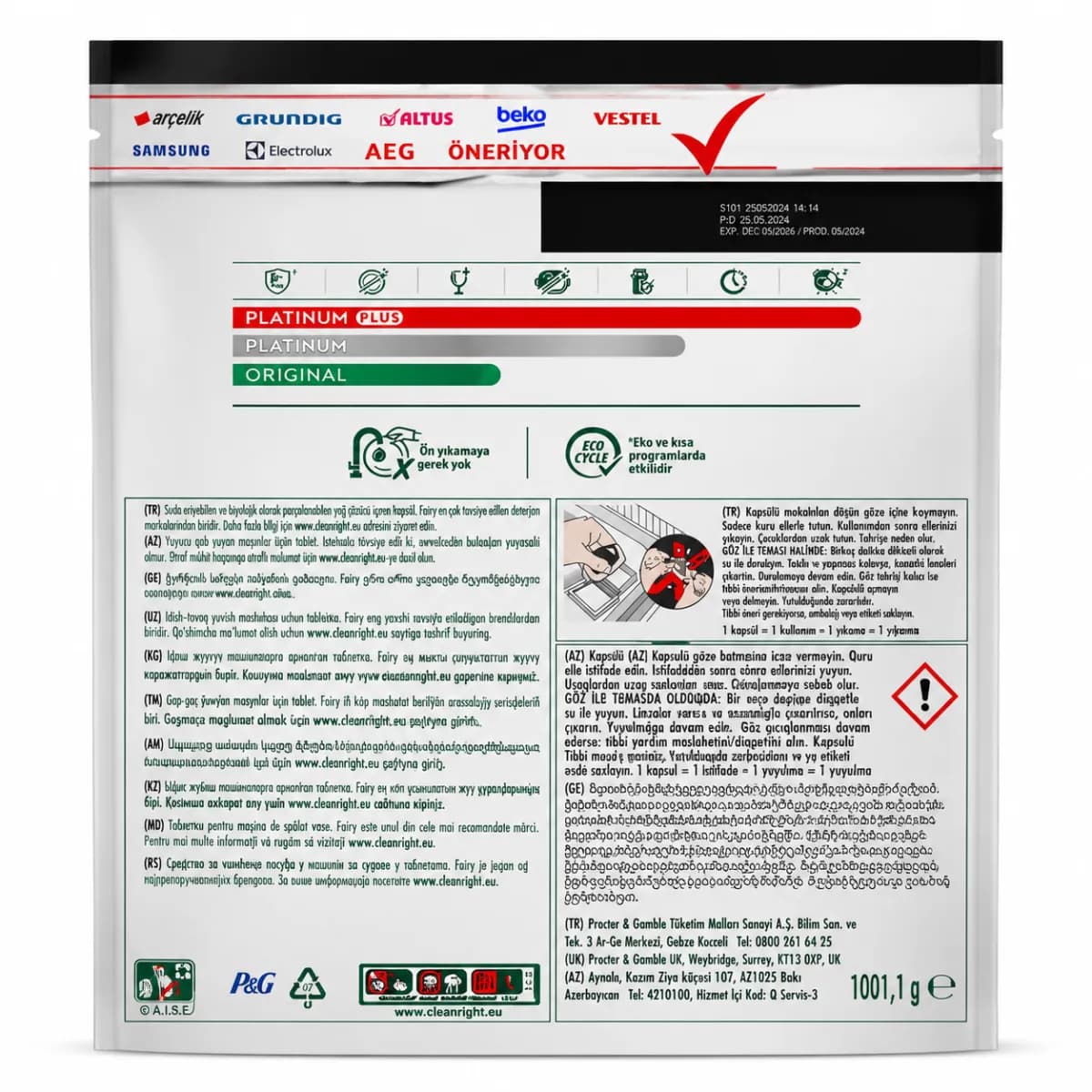 قرص ماشین ظرفشویی فیری platinum بسته 96 عددی