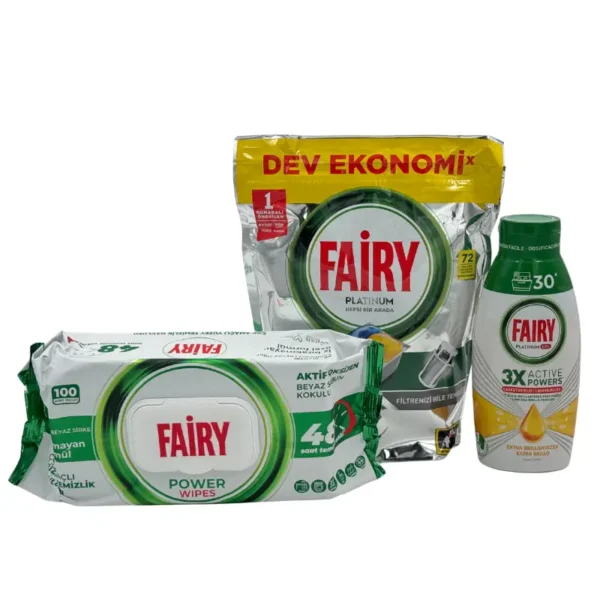 پک فیری فمیلی شامل ژل ماشین ظرفشویی 600 میلی‌لیتر + قرص ماشین ظرفشویی 72 عددی + دستمال مرطوب چند منظوره فیری | گنجه مارکت